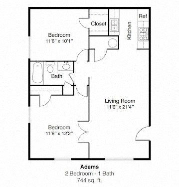 Floor plan for 2 beds, 1 bath, 744 sqft